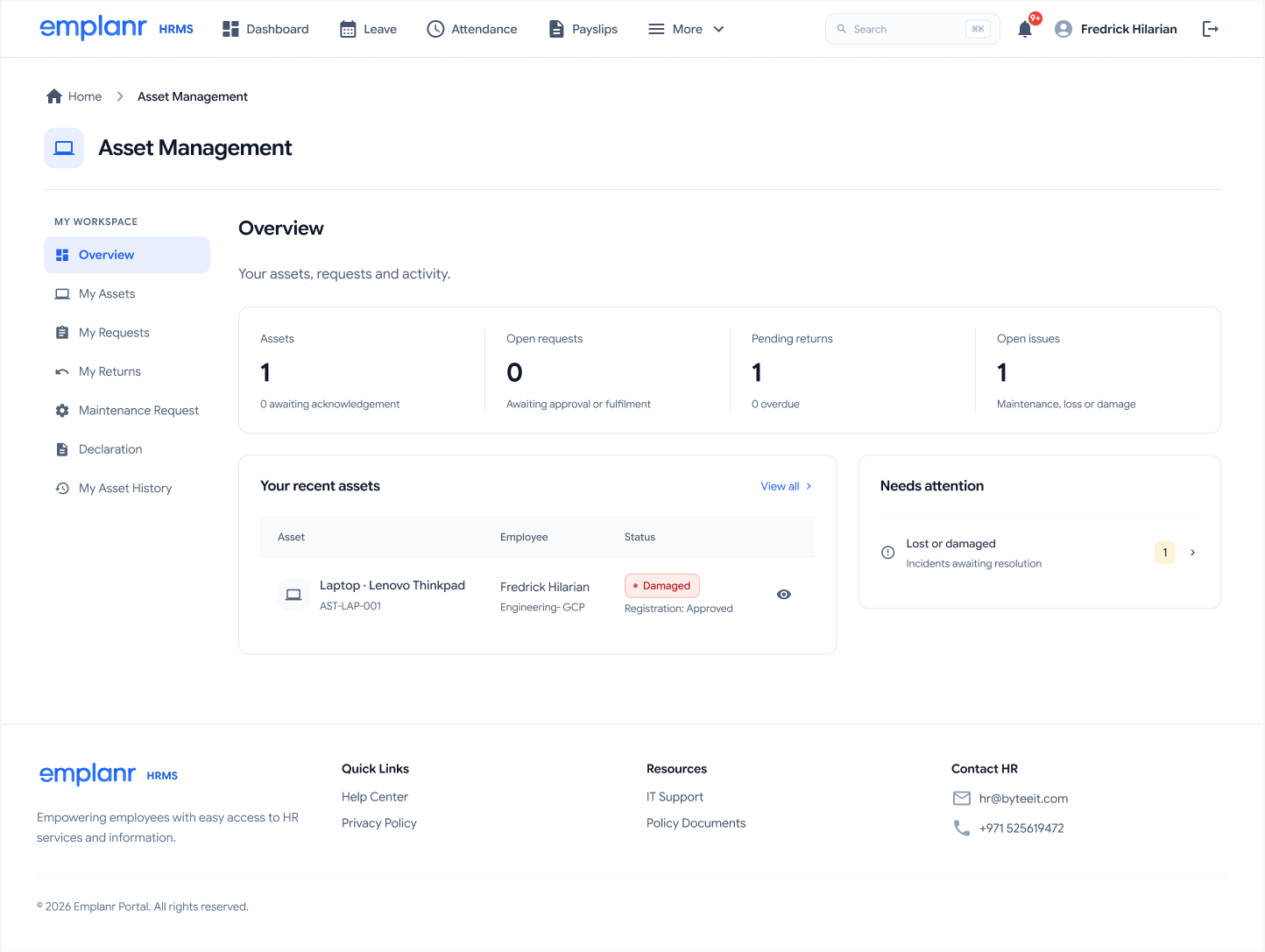 Asset overview separating assigned equipment, pending returns, requests, and unresolved issues.