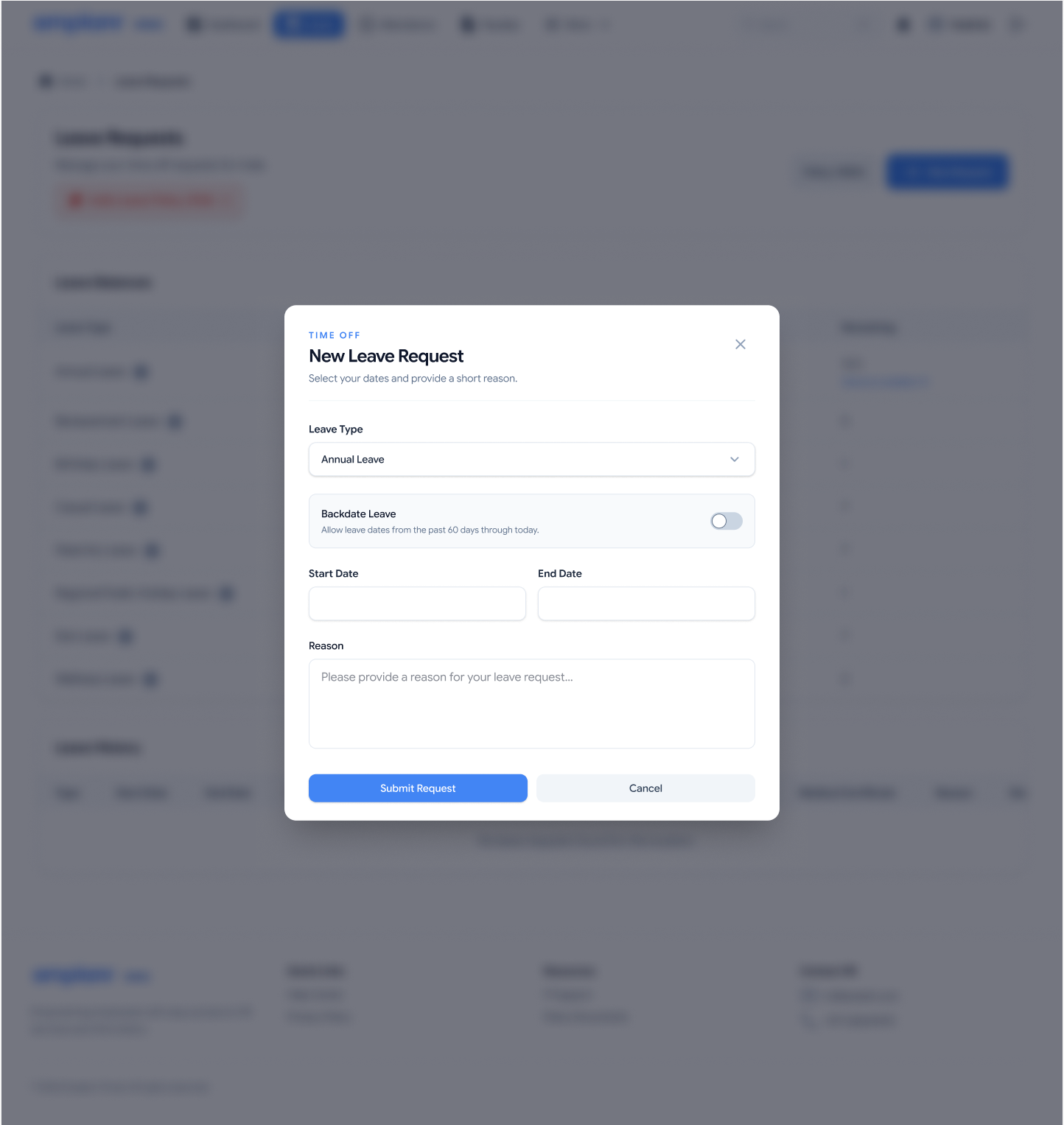 New Leave Request dialog with leave type, backdate option, start and end dates, reason, and submit action.