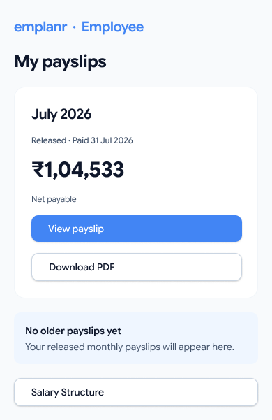 Mobile employee payslip with released status, net payable, view and download actions, and an empty history message.
