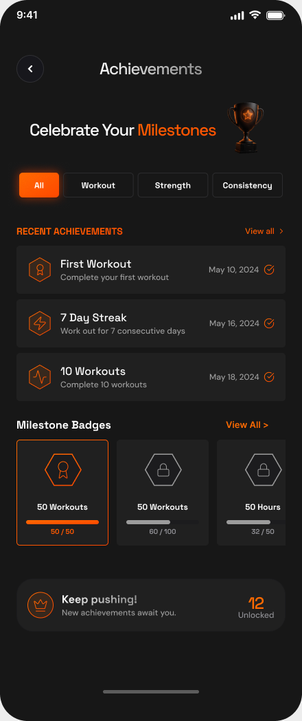 Achievements showing workout and consistency badges, unlocked milestones, and progress toward the next goal.