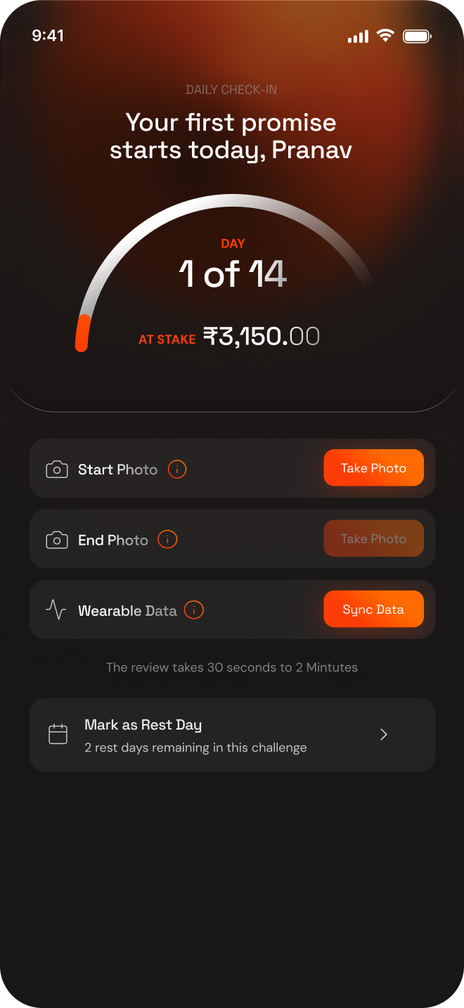 Daily check-in with start and end photos, wearable data, review timing, and a rest-day option.