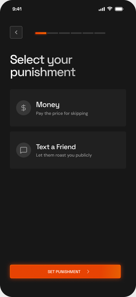 Commitment setup offering a money stake or a message to a friend as the consequence of skipping.