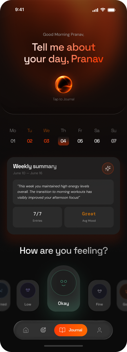 Journal with a tap-to-record orb, weekly summary, entry count, and mood selection.