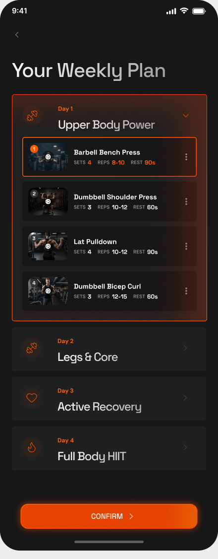 Weekly workout plan with expandable training days, exercises, sets, repetitions, and rest periods.