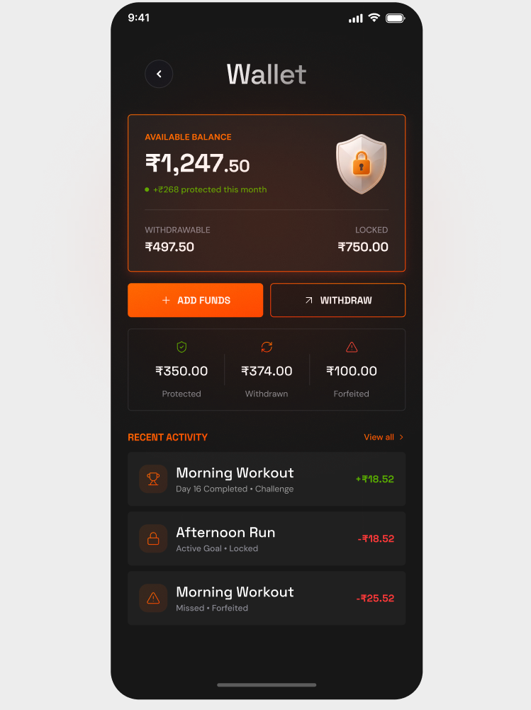 Wallet separating withdrawable and locked balances, with protected, withdrawn, and forfeited amounts and transaction history.