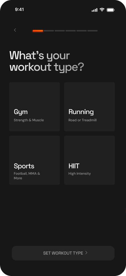 Workout selection with Gym, Running, Sports, and HIIT choices and a step progress indicator.